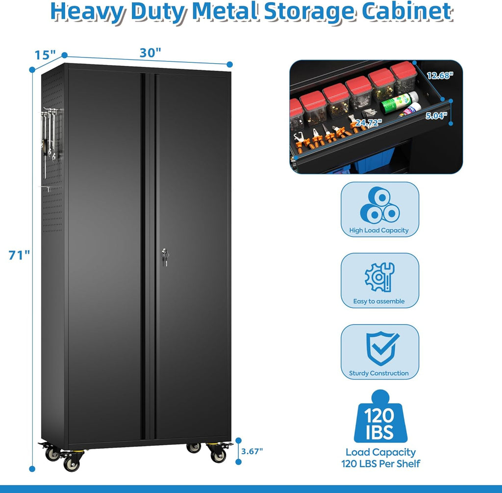71" H Metal Garage Storage Cabinet with Locking Doors and 2 Adjustable Shelves, Rolling Tool Storage Cabinet with Wheels, Drawer, Pegboard and 16 Hooks for Garage, Warehouse, Black