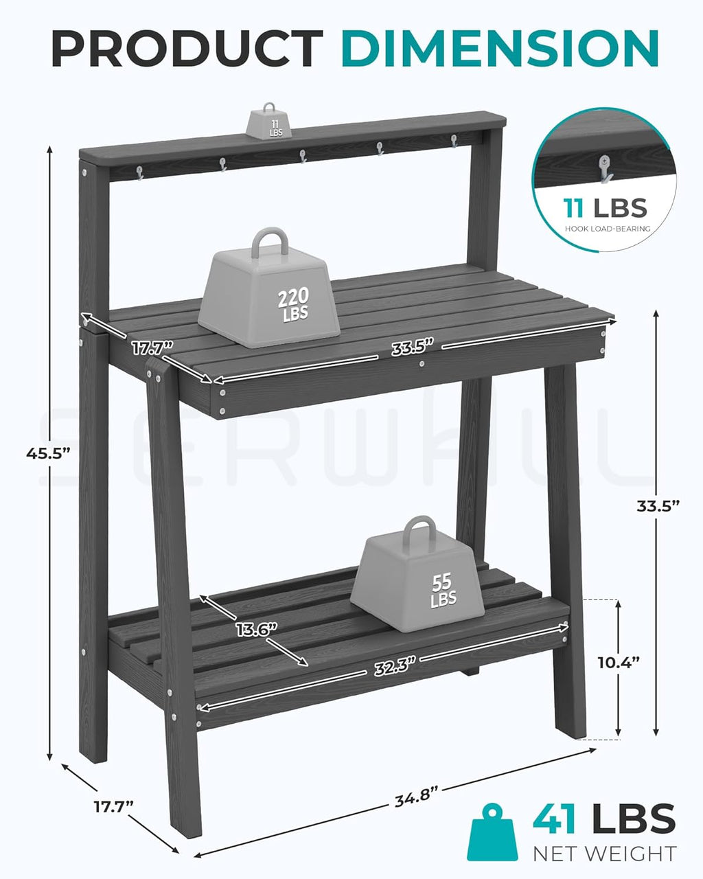 SERWALL Potting Bench Outdoor with Storage Set of 2, 3-Tier HDPE Gardening Table with Angled Legs & Tool Hooks, All-Weather Heavy Duty Potting Table for Patio, Backyard, Garden, Gray