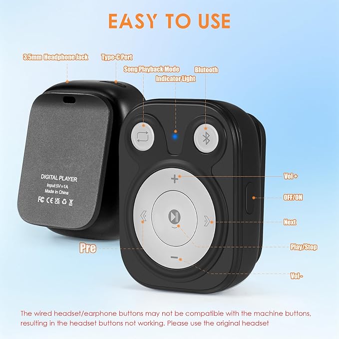 Clip MP3 Player: Bluetooth 5.3, Earphones Included, 15 Hours Battery Mini Music Player, 1000+ Songs Storage, No Phone Needed, Portable Music Players for Sports, Reading, Learning (64GB-Black)