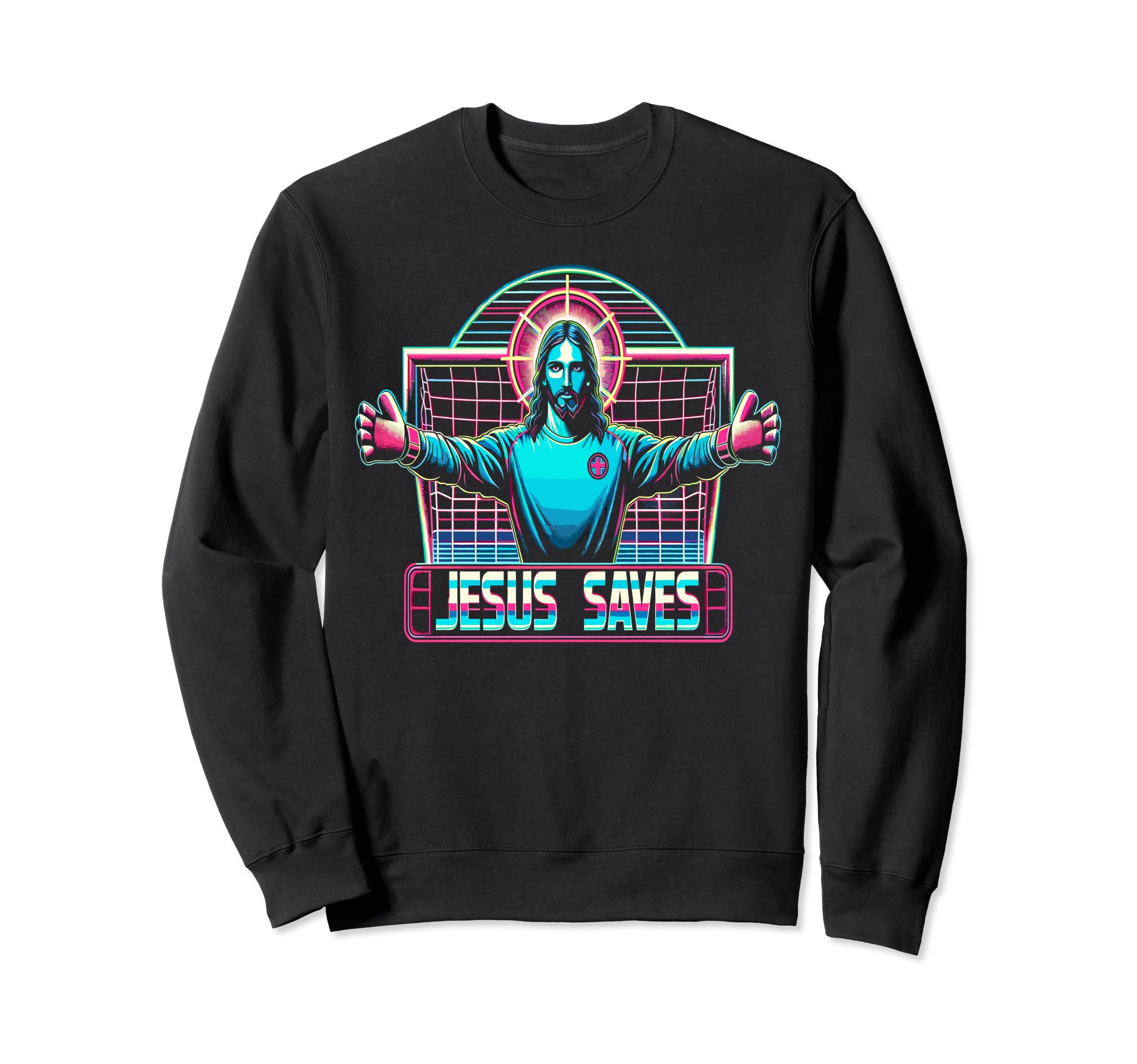 80S Vaporwave Jesus Saves Soccer Sweatshirt - Unique Graphic for Adults