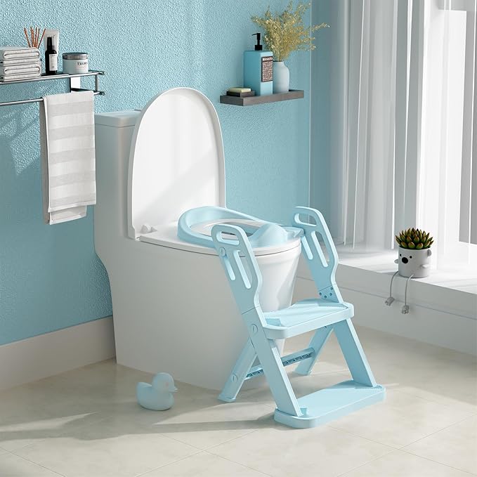 Toddler Potty Training Toilet Seat-Alongside Foldable Potty Train Chair Adapter, Potty Seats with Steps Ladder for Toddlers Kids, Boys, Girls, Child, Baby, and Must-Haves Portable Step Stool Supplies