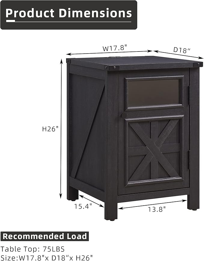 JXQTLINGMU Farmhouse End Table with Charging Station, 18'' Rustic Nightstand with Barn Door & Adjustable Shelf, Wooden Sofa Side Table with 3-Tier Storage for Living Room, Bedroom, Black