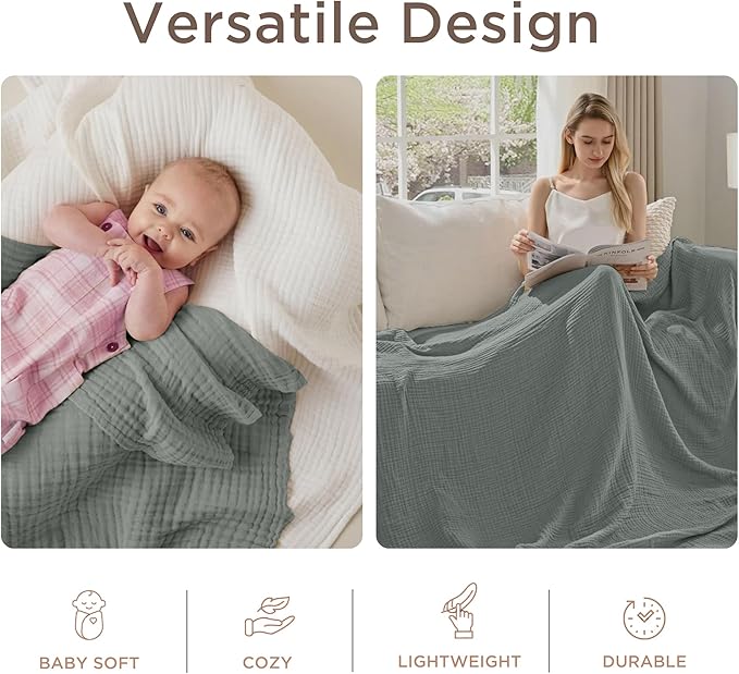 Threadmill Summer Muslin Blanket Queen | 4 Layer 100% Cotton Gauze | Soft, Breathable, and Cozy for All Seasons | Lightweight Blanket Fits Full Size Bed | Scottish Grey
