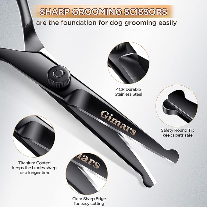 Gimars 7inch Professional 4CR Stainless Steel 6 in 1 Grooming Scissors for Dogs with Safety Round Tip, Heavy Duty Titanium Coated Pet Grooming Scissor for Dogs, Cats and Other Animals