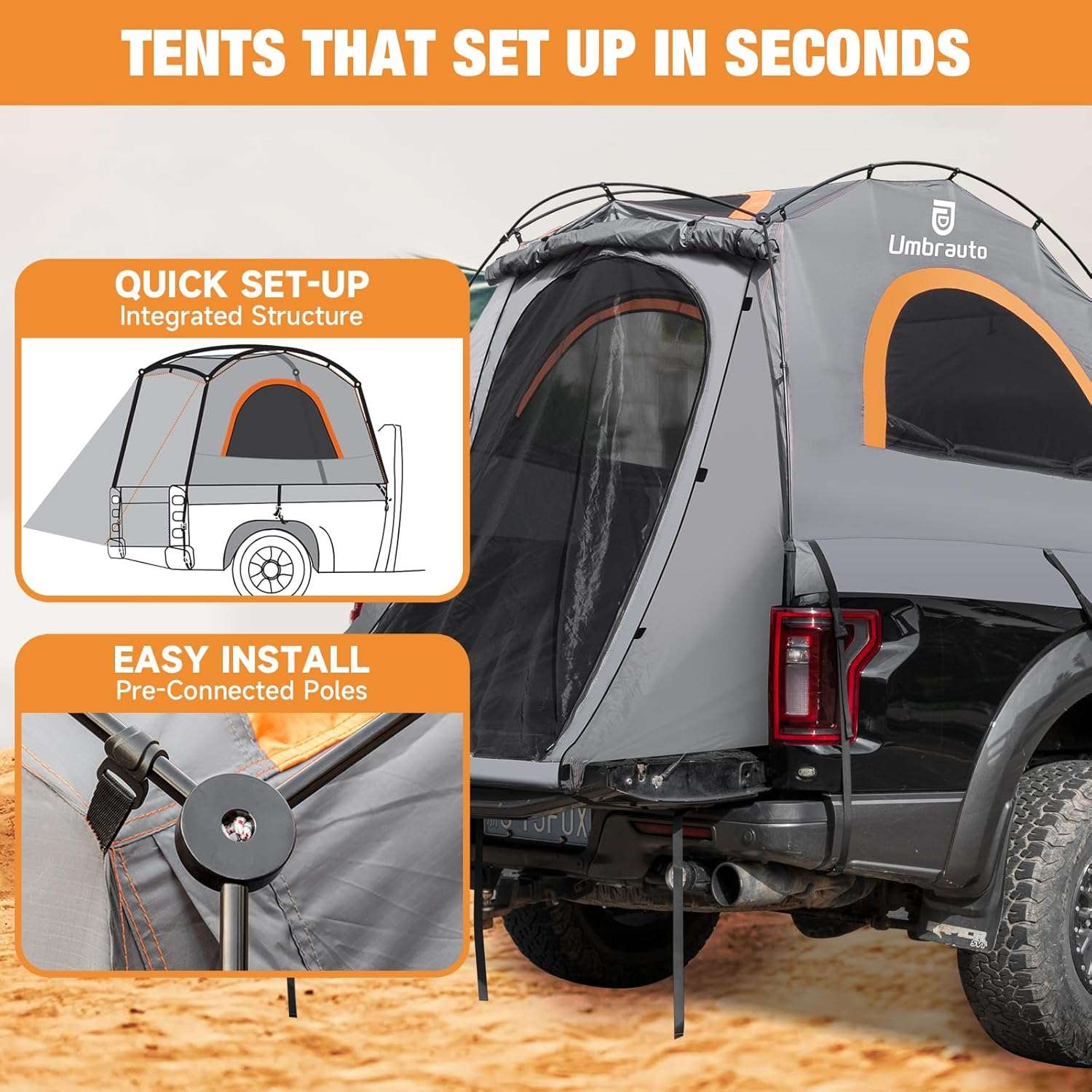 Umbrauto 6.4-6.7FT Truck Bed Tent for 2 Person | 10-Min Quick Setup Waterproof PU3000 Camping Tent for Pickup Trucks