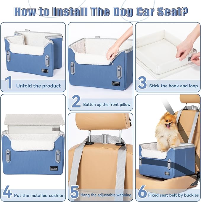 PETSFIT Small Dog Car Seat, Patent Safe Buckles Dog Booster Car Seat, Puppy Car Seat with Safety Belt, Suitable for Small Pets Up to 25lbs (Navy Blue)