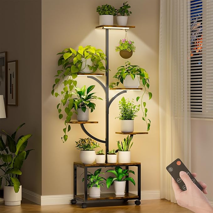 Plant Stand Indoor with Grow Lights, 60" Tall 7-Tier Metal Plant Stand with Wheels & Tree-Shaped Design for Indoor Plants, Flower Holder Display Rack for Home, Patio - Black