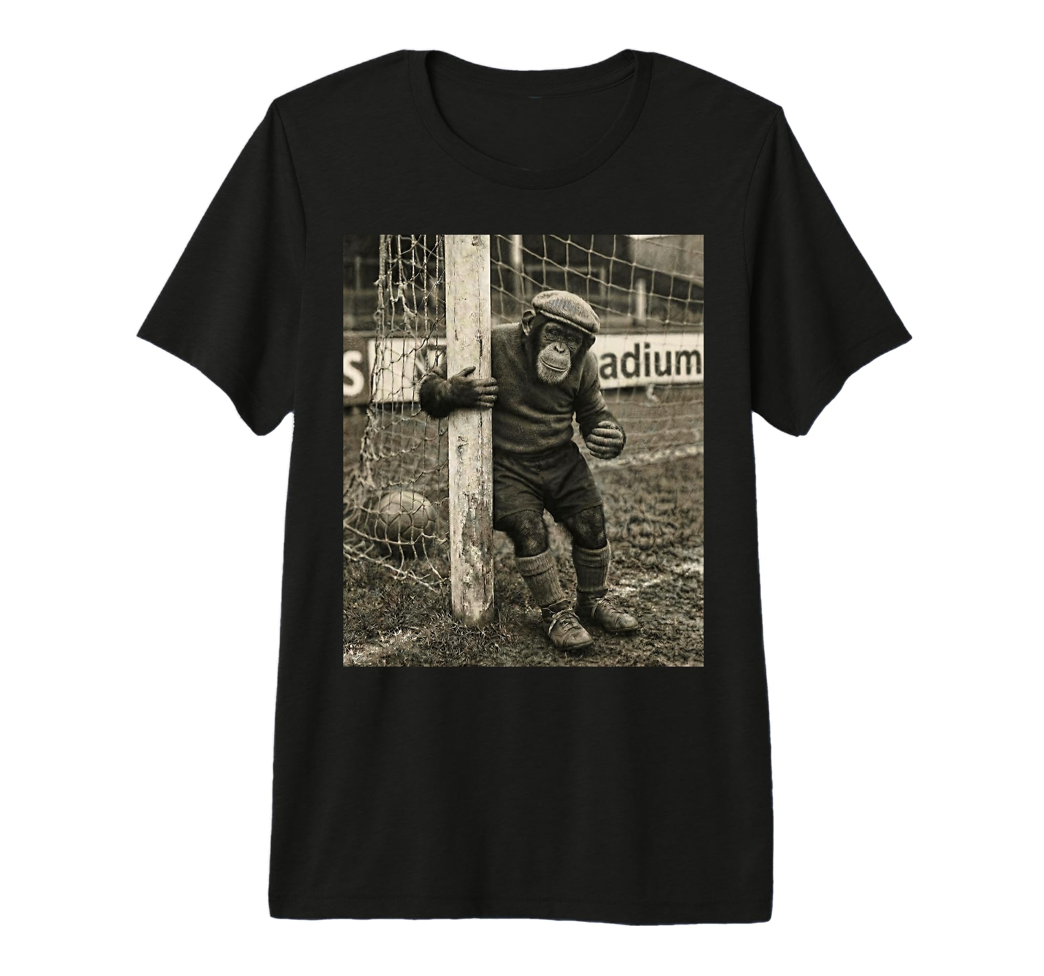 Chimp Player Goalpost Lazy Soccer Goalie T-Shirt - Novelty Apparel Unisex