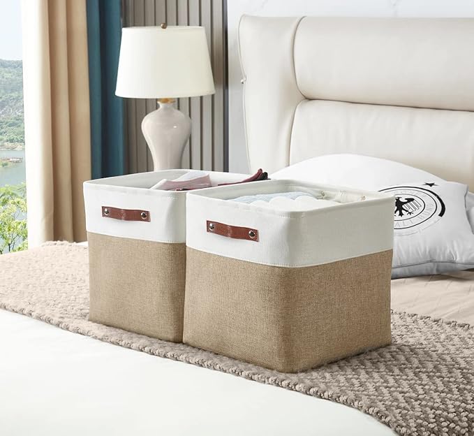DECOMOMO Storage Cubes, 11x11 Cube Storage Bins, Baskets for Shelves (Beige & White, Cube 11" - 4 Pack)