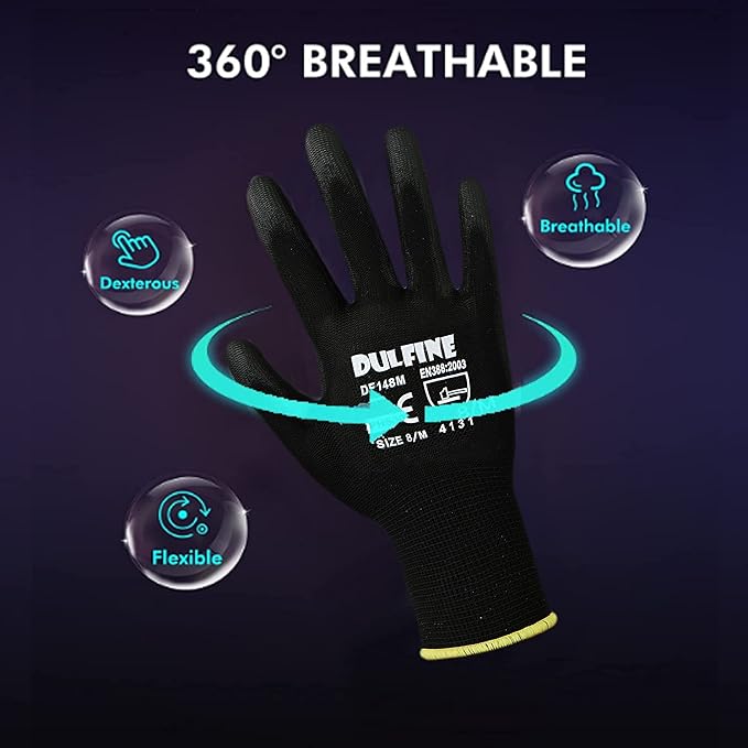 DULFINE Ultra-Thin PU Coated Work Gloves-60 Pairs,Excellent Grip,Nylon Shell Black Polyurethane Coated Safety Work Gloves, Knit Wrist Cuff,Ideal for Light Duty Work. (Medium)