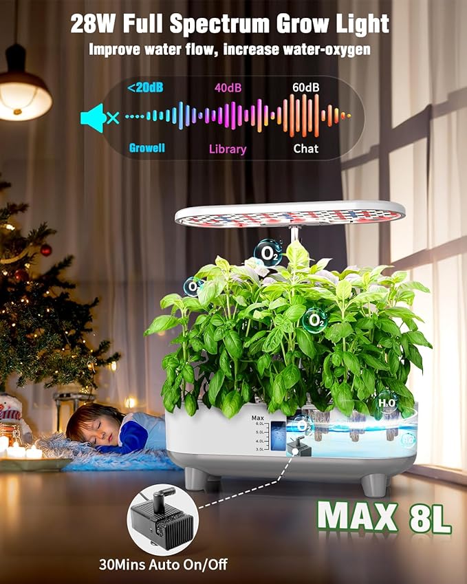 Hydroponics Growing System Kit, 16 Pods Indoor Garden with 28W Full Spectrum LED Grow Light, Auto Timer, 3 Smart Light Modes, 8L Large Herb Garden, Ideal Gardening Gift for Women, Men (White)