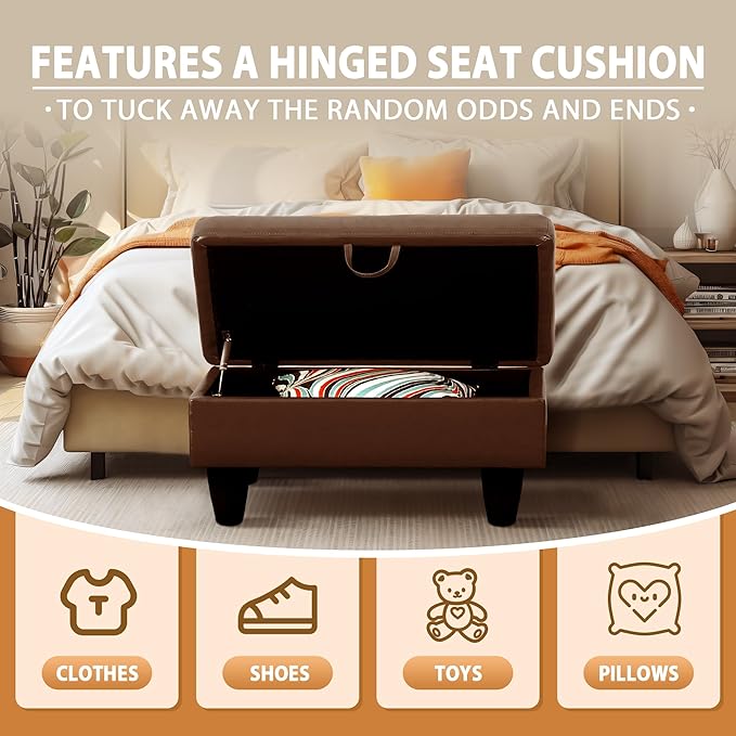 Ottoman Rectangular Storage Ottoman Bench, Faux Leather Footrest, Coffee Table, Stool Footstool with Hinged Lid for Living Room, Bedroom, Entryway, Brown, 28.5"x19"x17.5"