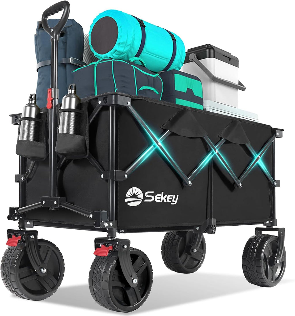 Collapsible Wagon Cart with Big All-Terrain Beach Wheels, Foldable Heavy Duty Wagons with Cup Holders, Utility Carts for Camping, Garden, Outdoor, Grocery, Sports. Black