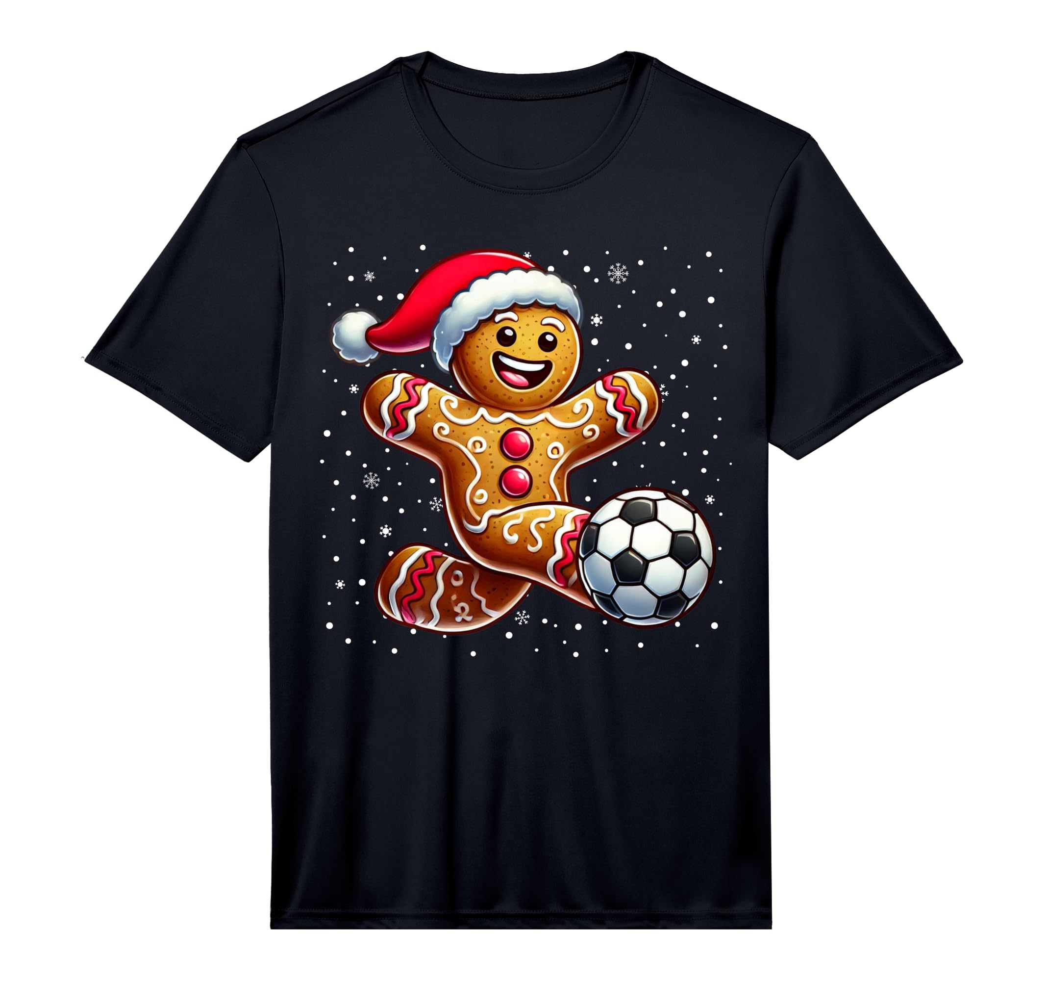 Gingerbread Plays Soccer Cookie Santa T-Shirt - Novelty Apparel for Adults