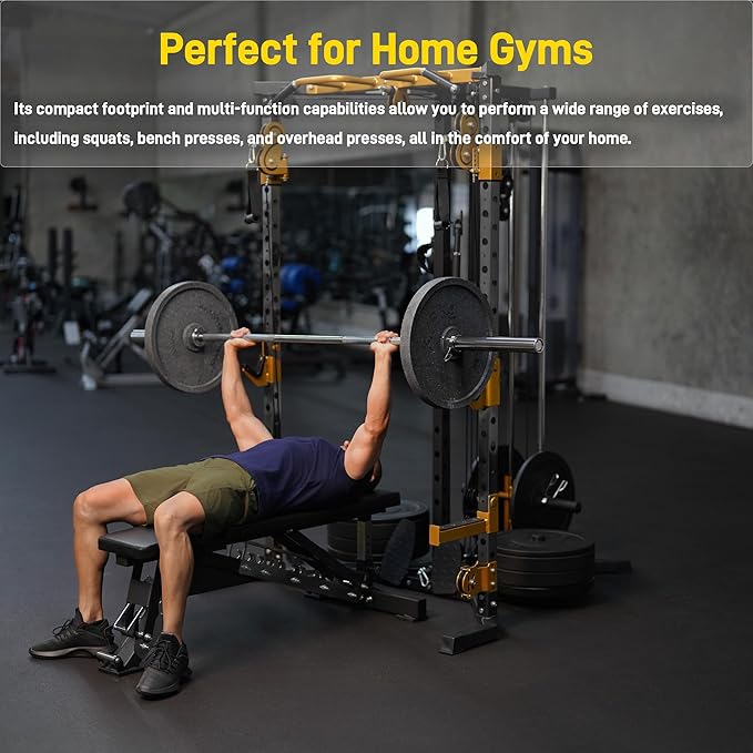 Power Rack with Dual Pulley System, Cable Crossover, LAT Pulldown, Bench Press & Squat Rack, Full Body Strength Training Cage for Home Gym