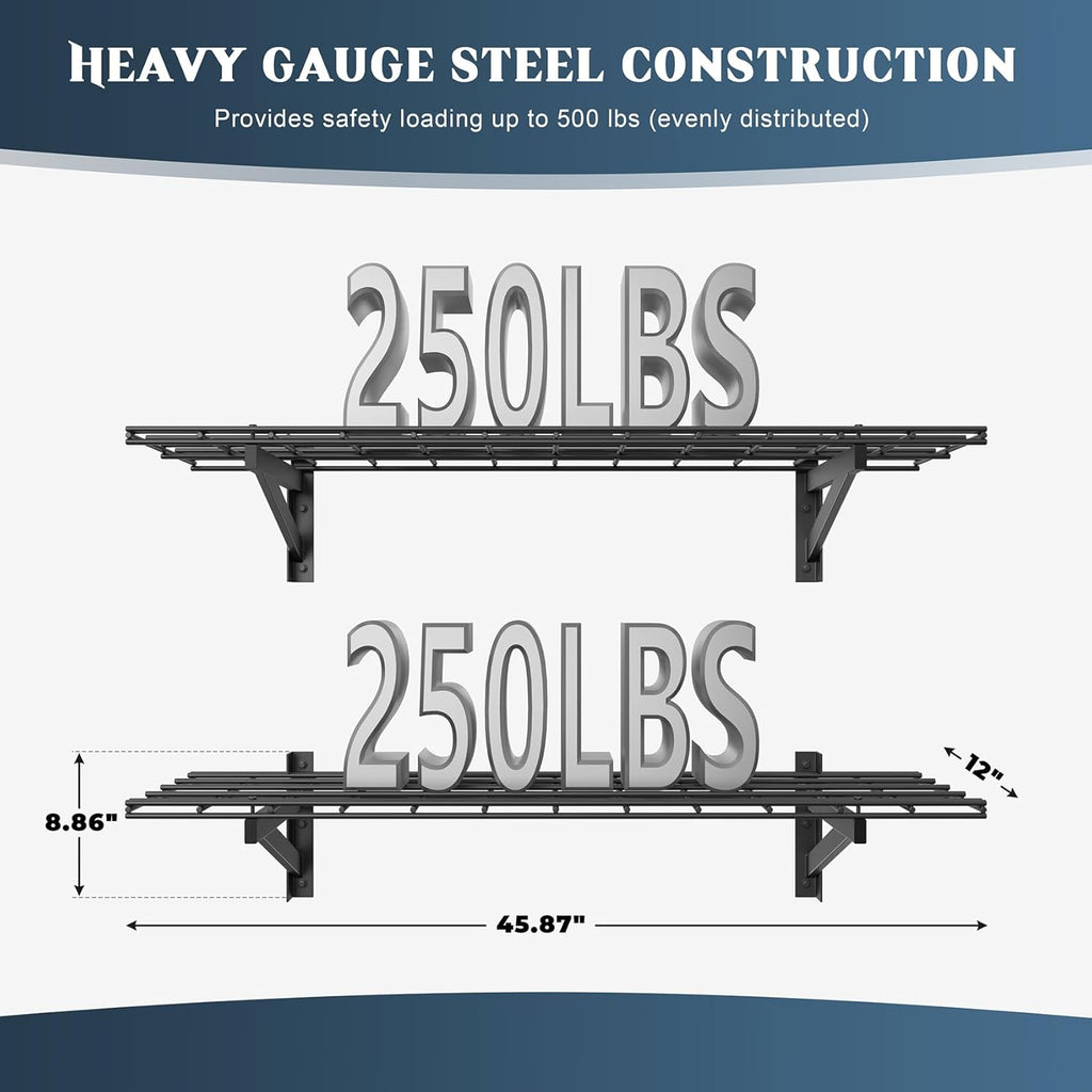 2 Pack Heavy Duty Garage Wall Shelving Set (1x4ft), Wall Mounted Garage Shelves 500lbs Capacity, 12"x48" Shelf Storage Rack Floating Shelves, Black