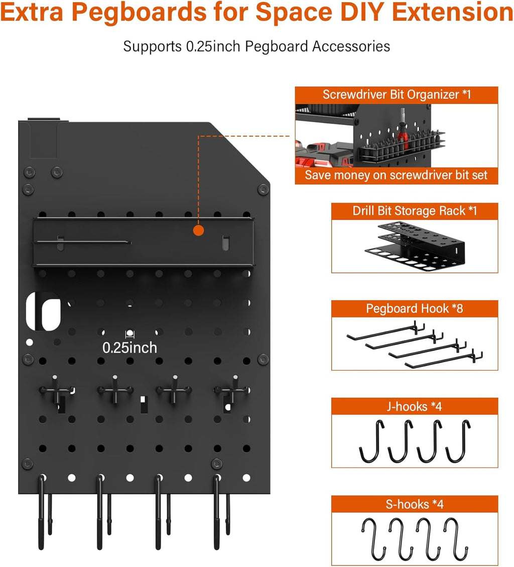 JUNNUJ Large Pegboard Power Tool Organizer with Charging Station, 8 Drills Driver and Tools Battery Holder Wall Mount with 8 Outlet 10 FT Power Strip, Black 3-Layer Shop Garage Storage Utility Rack