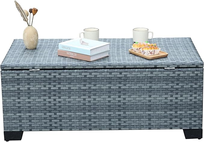 Outdoor Storage Table Wicker Patio Coffee Table All-Weather Rattan Side Table with Waterproof Cover, Grey
