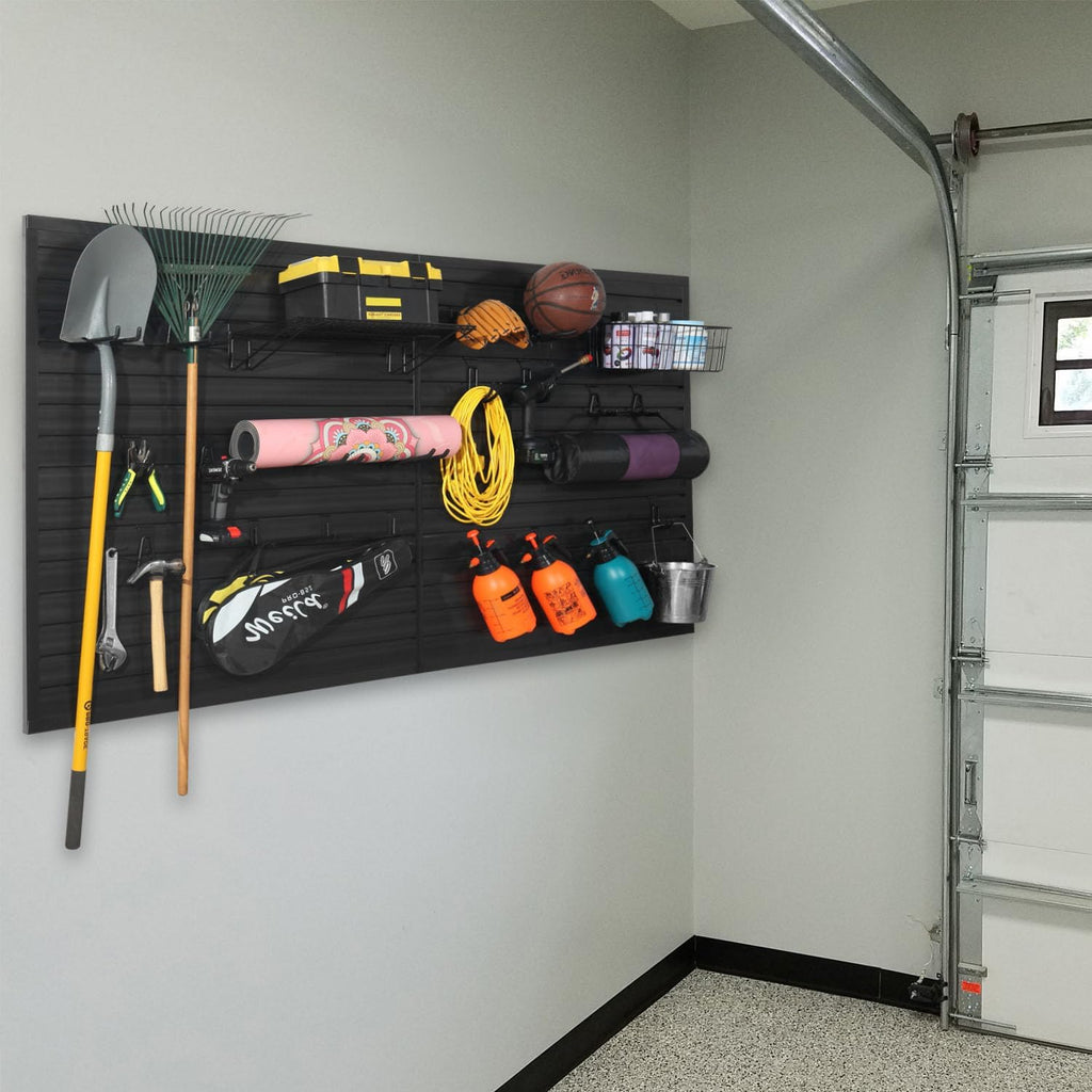 Slatwall Panel Garage Organizer PVC Slatwall Heavy Duty Wall Mounted Rack, Interlocking Slat Wall Panels for Tool Organization Peg Board (Black 4 x 8 ft)
