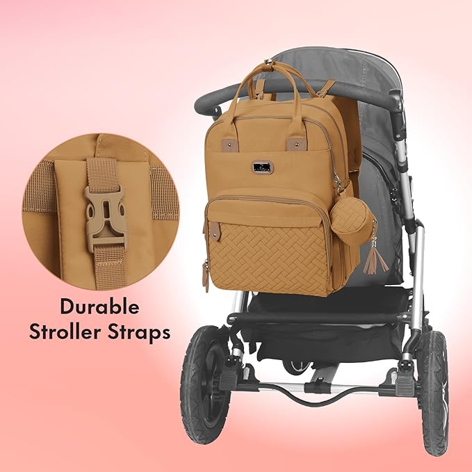 Dikaslon Diaper Bag Backpack with Portable Changing Pad, Pacifier Case and Stroller Straps, Large Unisex Baby Bags for Boys Girls, Multipurpose Travel Back Pack for Moms Dads, Tan