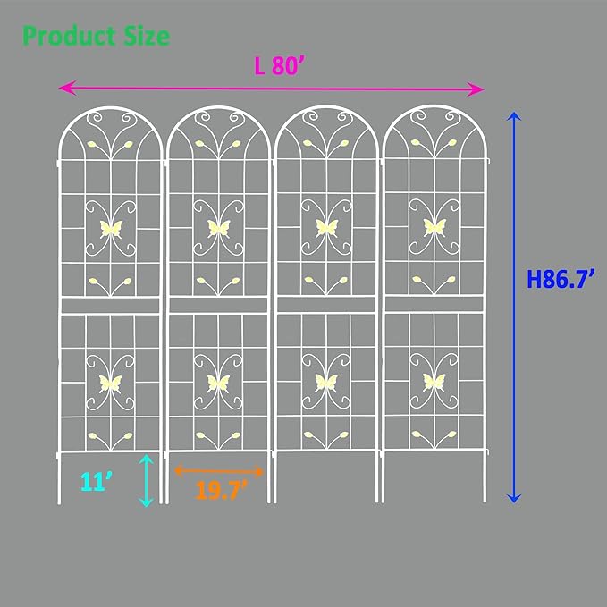 4 Pack Metal Garden Trellis 86.7" White Fence Rustproof Garden Trellis for Climbing Plants Support Roses Flower Outdoor Lawn, Cream White