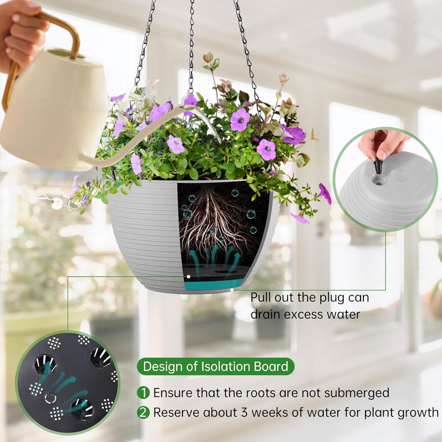 Hanging Planters for Indoor Outdoor Plants, Set of 2 Self Watering Hanging Pots with Drainage Hole & Plug and 20" Chain & Hooks