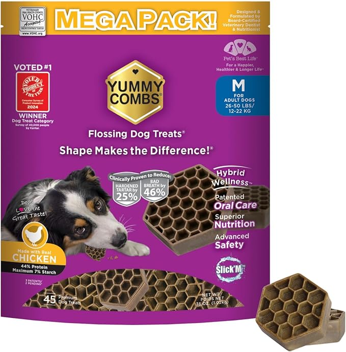 Dog Dental Treats – Vet VOHC Approved – Delicious Chicken Protein – Removes Tartar with Cleaning Comb Shape – Dental Dog Treats for Medium Dogs (36oz, 45 Count)