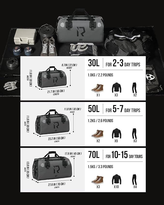 BORLENI Waterproof Motorcycle Dry Duffel Bag Luggage Tail Bag with Large Storage Space,Roll Top Closure, Shoulder Straps, Inner Pocket and Mesh Pocket for Motorcycling Travel Camping (Grey,50L)