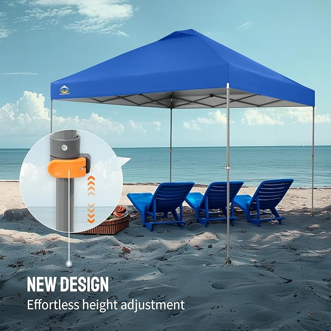 CROWN SHADES Adjustable Height on The Fly, 10x10 Pop Up Canopy - Beach Tent with One Push Setup - Easy Outdoor Sun Shade for Events, Parties, Camping - Outside Shade with STO-N-Go Bag, Blue