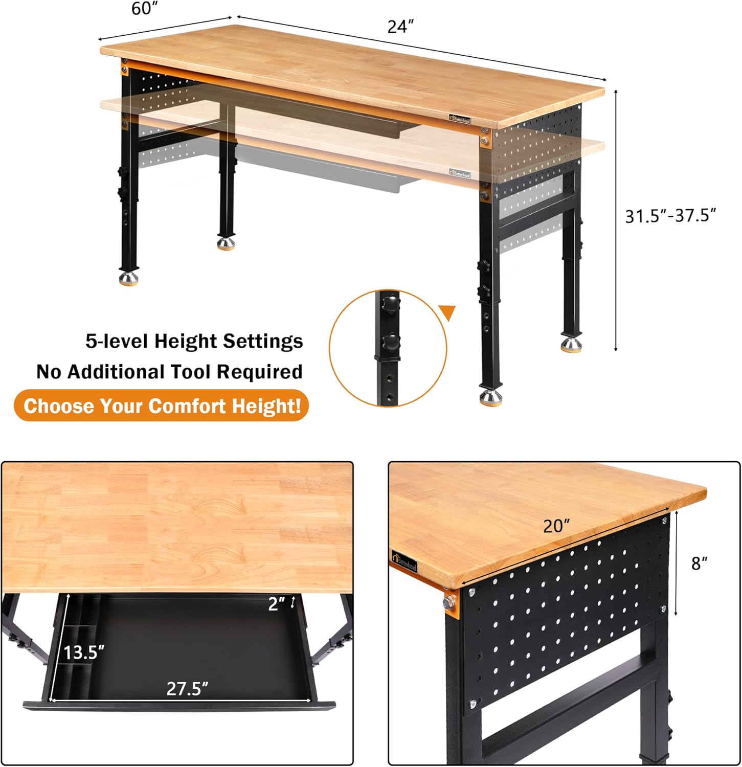 60" Heavy-Duty Adjustable Workbench for Garage, Rubber Wood Shop Table W/Double Pegboards & Drawer,Hardwood Workstation Weight Capacity Over 2000 Lbs