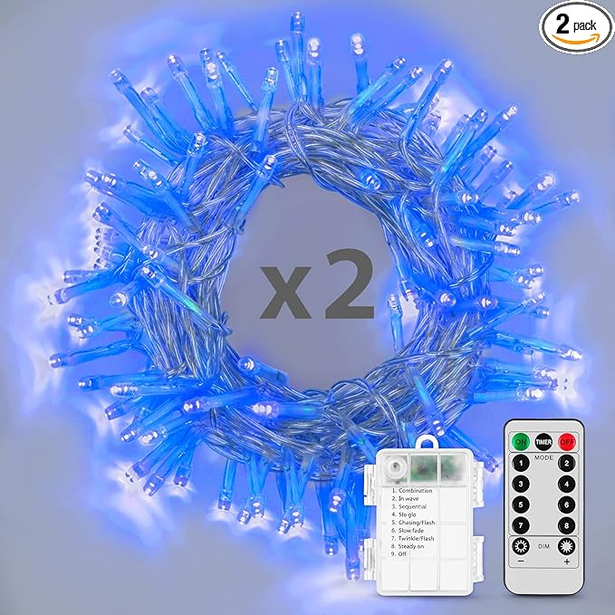 String Lights, 2 Pack Battery Operated String Lights with Remote Timer Waterproof 8 Modes String Lights for Bedroom,Garden,Party,Xmas Tree Indoor Outdoor Decorations (Blue, 16.4)
