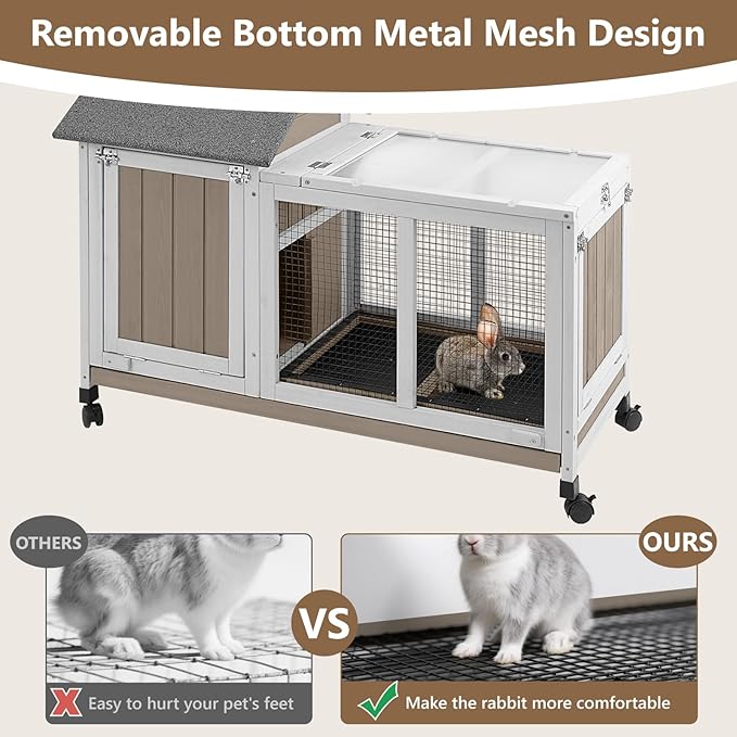 38''L Rabbit Hutch Outdoor Indoor with Wheels, Wooden Expandable 2 Story Bunny House Rabbit Cage with Run, Waterproof Roof, Pull Out Tray, Guinea Pig Cage Chicken Coop for Small to Medium Pets