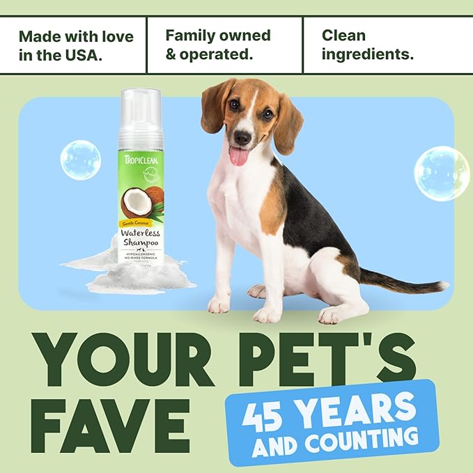 TropiClean Hypoallergenic Waterless Dog Shampoo | Dry Shampoo for Allergies & Sensitive Skin | Safe for Cats | Puppies & Kittens | No Rinse | 7.4oz