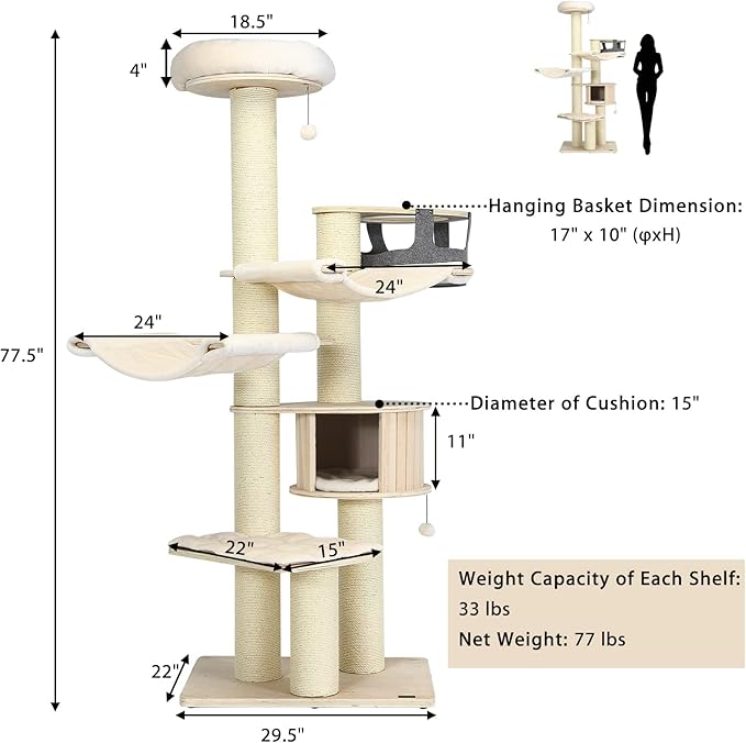 Tangkula Large Cat Tree, Multi-Level Tall Cat Tower with Sisal Scratching Posts, Hammocks, Hanging Basket, Cat Condo and Removable Washable Cushions, Modern Wood Cat Tree for Indoor Cats Large Adult