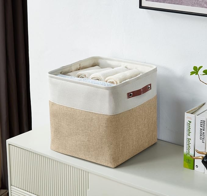 DECOMOMO Storage Cubes, 11x11 Cube Storage Bins, Baskets for Shelves (Beige & White, Cube 11" - 4 Pack)