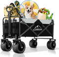 Collapsible Foldable Wagon, Utility Large Capacity Beach Wagon with Big Wheels, Shopping Cart with Side Pocket and Brakes for Sand, Garden, Grocery, Sports, Camping, Black