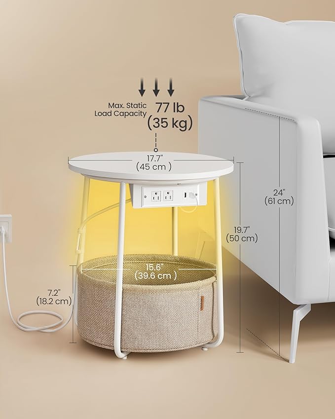 VASAGLE Side Table with Charging Station, Round End Table with Fabric Basket, LED Nightstand with Power Outlets, USB Ports, for Living Room, Bedroom, Modern, Matte White and Camel Brown ULET227W01