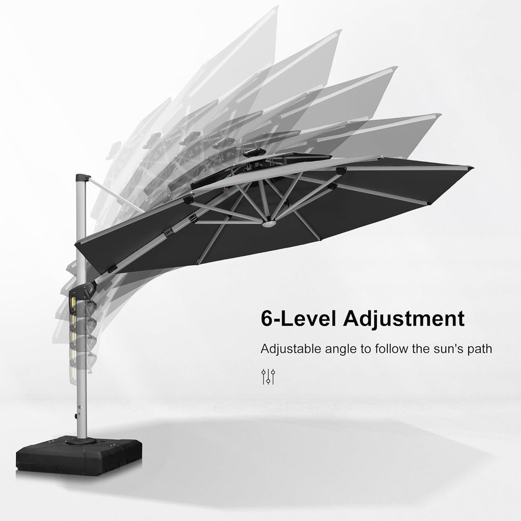 PURPLE LEAF 12ft Patio Umbrella With Base Solar powered LED Cantilever Umbrella with LED lights Windproof Outdoor Offset Umbrella for Garden Deck Pool Patio, Grey