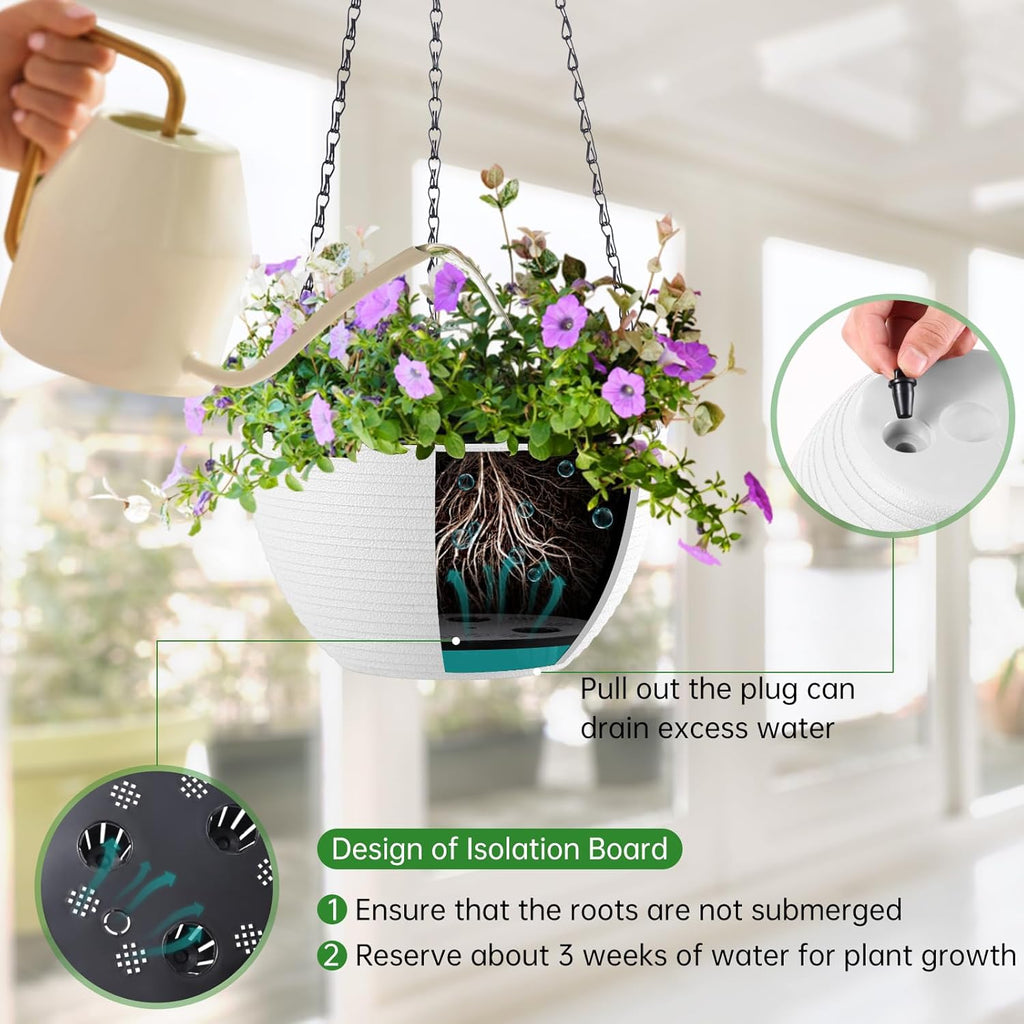 Hanging Planters for Indoor Outdoor Plants, Set of 2 Self Watering Hanging Pots with Drainage Hole & Plug and 20" Chain & Hooks