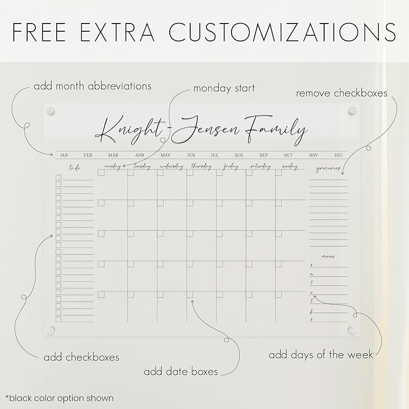 Personalized Clear Acrylic Calendar for Wall, Calendar Whiteboard for Wall, Dry Erase Wall Calendar, Wall Calendar Organizer System for Home (Cursive, Grey, 23"W x18.5"H)