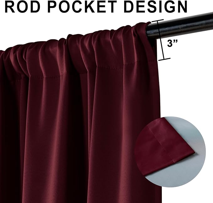 XWZO 100% Blackout Curtain Panels - Rod Pocket Thermal Insulated Black Liner Curtains, Noise Reducing and Heat Blocking Drapes for Hall and Studio Windows with Tiebacks, Burgundy, W42 x L63, Set of 2