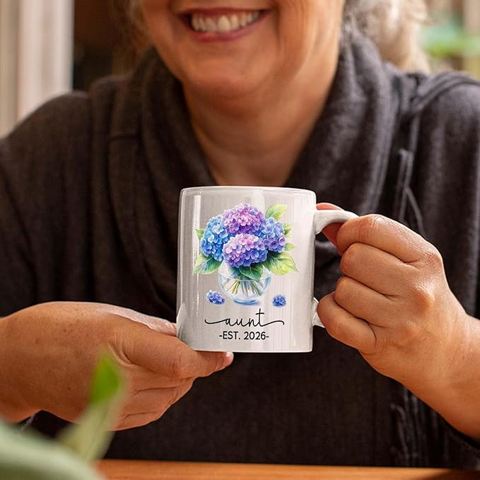Personalized Year Name Aunt Coffee Mug Gift For Pregnancy Reveal Birthday, Customized Aunt EST 2026 Accent Cup, Hydrangea Auntie White Coffee Cup 11 15 Oz, Auntie to Be Mug Gift For Sister Besties