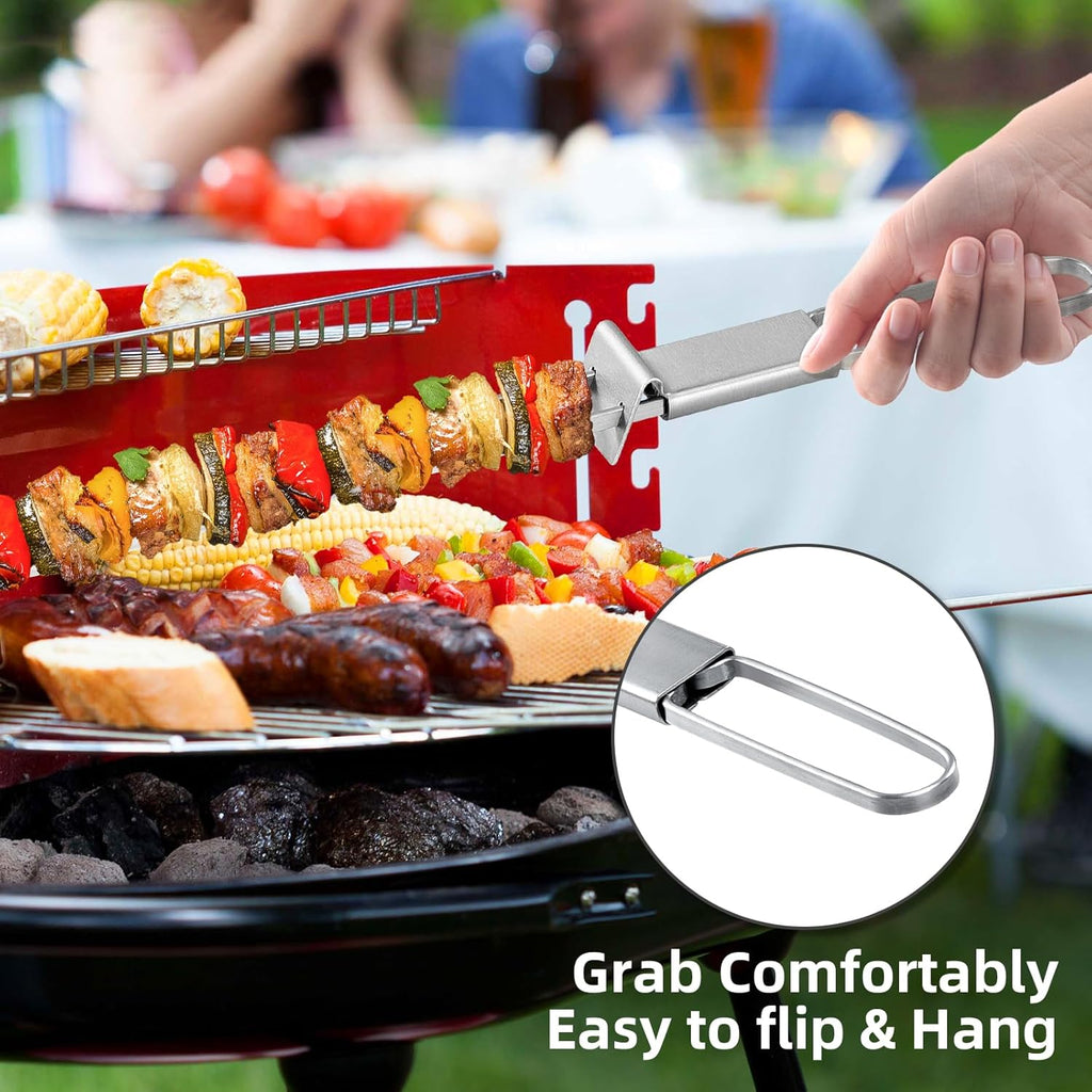 Metal Skewers for Kabobs - 17" 10 Pack Kabob Skewers with Push Bar Double Pronged Anti-Roll Flat BBQ Skewer for Grilling Stainless Steel Reusable Kebab Skewer for Meat Shrimp Chicken Veggie