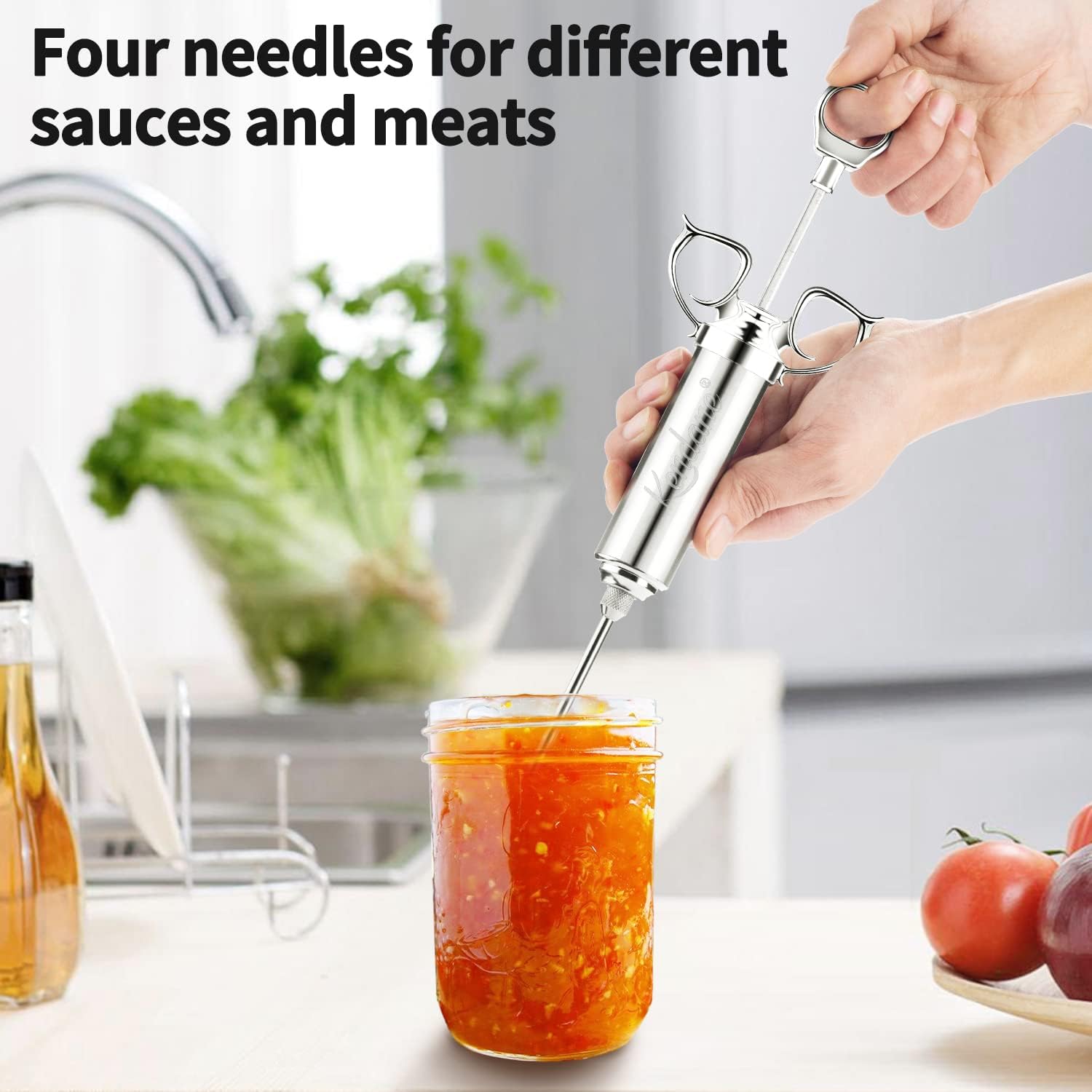 Meat Injector Syringe 2-oz Marinade Flavor Barrel 304 Stainless Steel with 3 Marinade Needles for BBQ Grill Smoker, Turkey, Fish, Brisket, Paper Silicone Brush and Instruction Included by Kendane