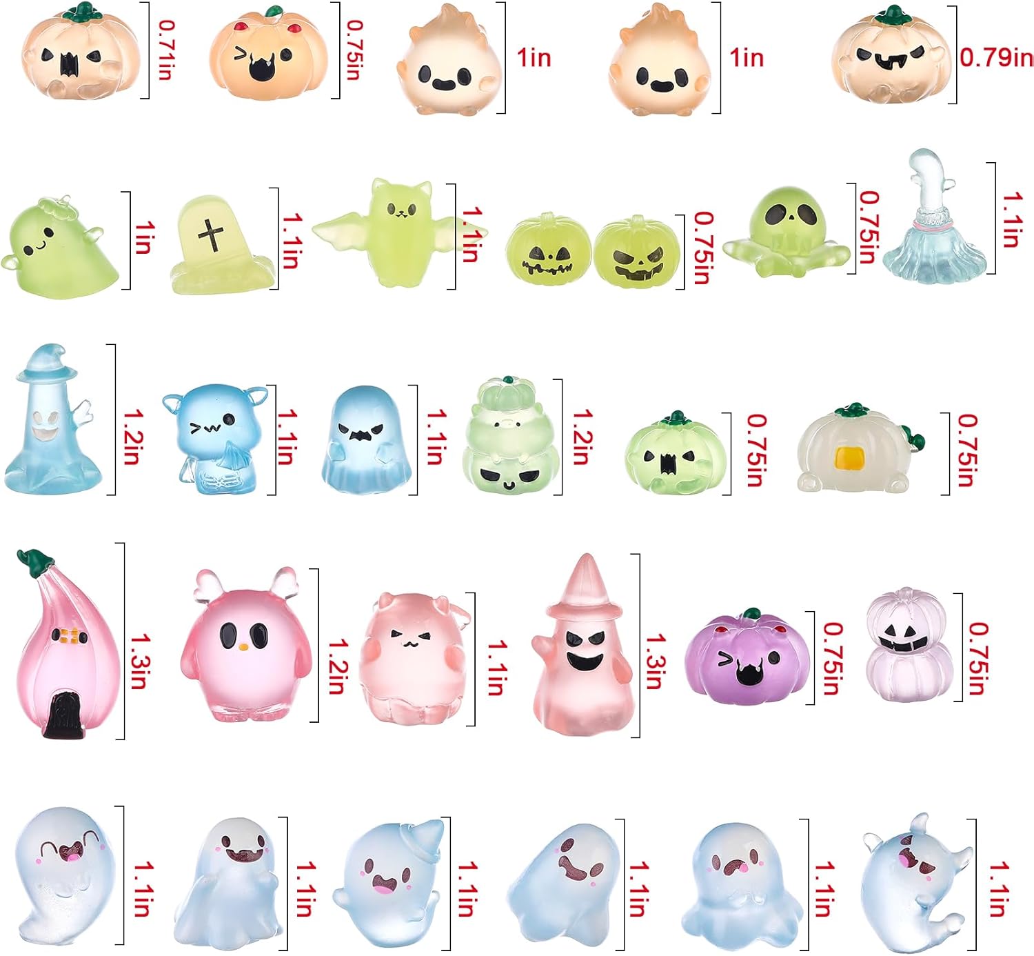 58 Pcs Halloween Luminous Mini Figures Glow in Dark Tiny Resin Figures Set Fairy House Diorama Accessories Halloween Pumpkin Ghost Skull Ornament for Garden Dollhouse Craft DIY(Ghost)