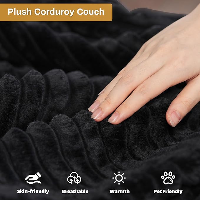 HYJT-H&K Modular Sectional Sofa Cloud Secttional Couch, 132" Comfy U Shaped Couches for Living Room, Deep Seat Memory Foam Fluffy Plush Corduroy Boneless Couch Sectionals with Chaise, Black