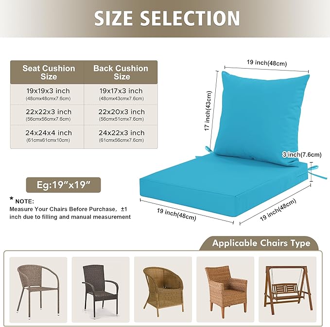 Outdoor Chair Cushions, Waterproof Outdoor Cushions for Patio Furniture w/Fade-Resistant, Removable & Machine-Washable Covers, 19x19 Inch, Ideal for Seat in Gardens/Porch – Set of 1/2/4, Teal