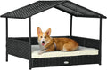 PawHut Wicker Dog House Outdoor with Canopy, Rattan Dog Bed with Water-Resistant Cushion, Raised Dog Bed for Small, Medium Dogs up to 66 lbs, 19.75" in Length, Black Wicker, White Cushion