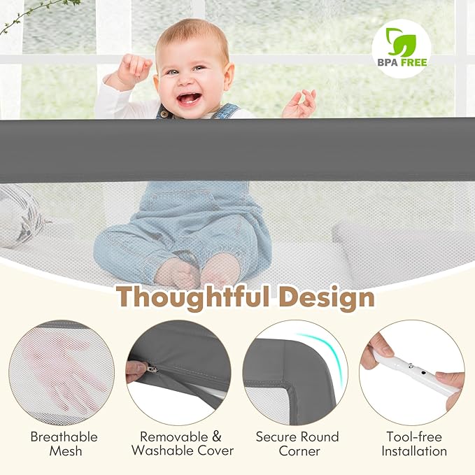 BABY JOY Bed Rails for Toddlers, 71'' Extra Long, Swing Down Bed Guard w/Safety Strap, Folding Baby Bedrail for Kids Twin, Double, Full Size Queen & King Mattress (71-Inch, Gray)