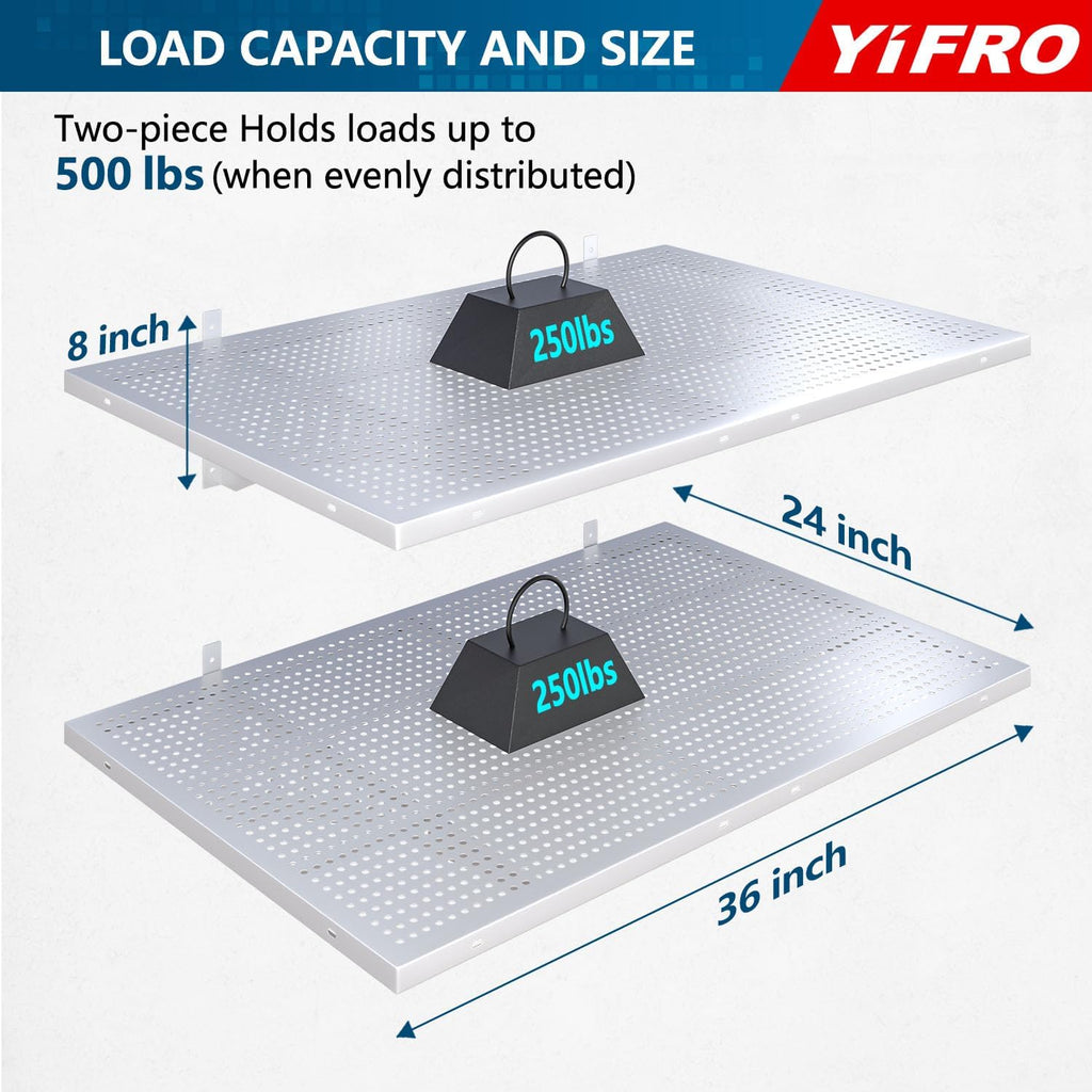 2-Pack 2x3ft Heavy Duty Garag e Wall Shelving, 500 lbs Load Capacity, Garage Shelving Wall Mounted, Garage Storage Rack with Hooks, White
